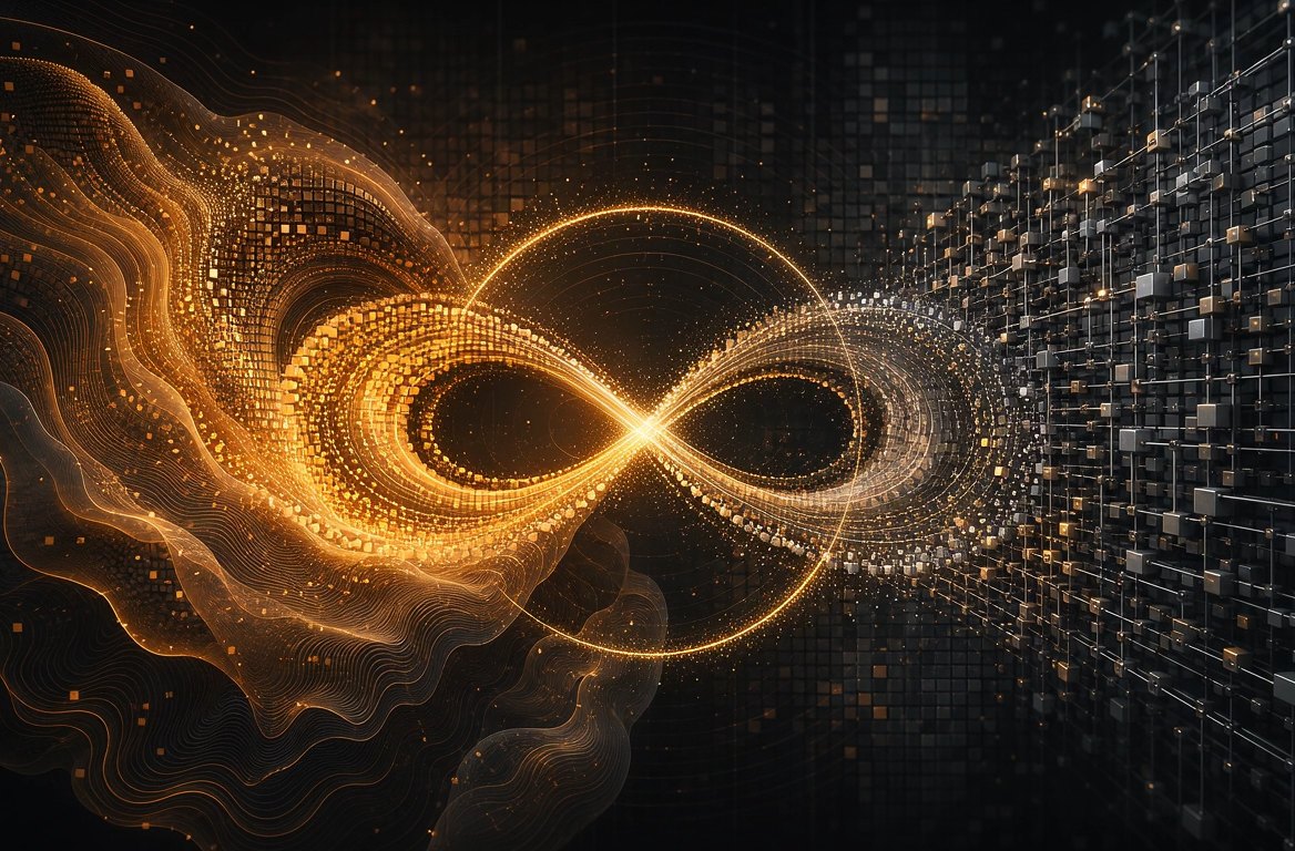 A golden portal of light forming an infinity loop beside a human profile woven from signal lines